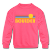 Boulder, Colorado Youth Sweatshirt - Retro Sunrise Youth Boulder Crewneck Sweatshirt - neon pink