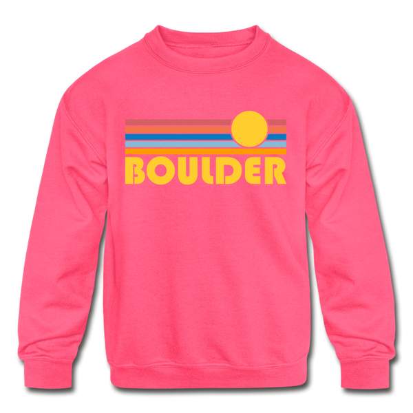 Boulder, Colorado Youth Sweatshirt - Retro Sunrise Youth Boulder Crewneck Sweatshirt - neon pink