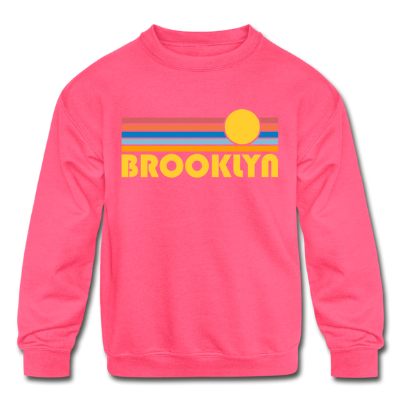 Brooklyn, New York Youth Sweatshirt - Retro Sunrise Youth Brooklyn Crewneck Sweatshirt - neon pink