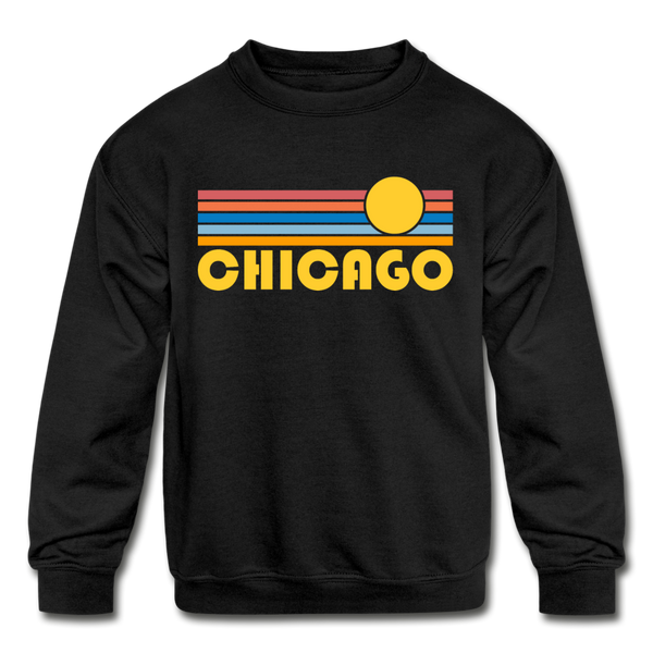 Chicago, Illinois Youth Sweatshirt - Retro Sunrise Youth Chicago Crewneck Sweatshirt - black