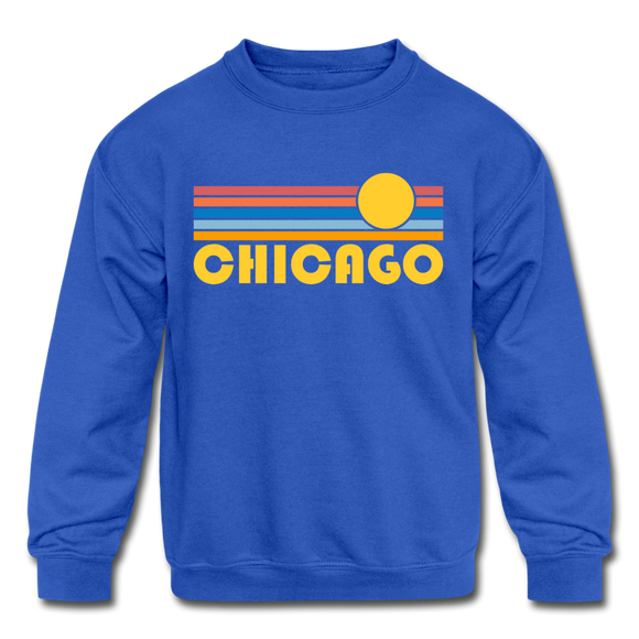 Chicago, Illinois Youth Sweatshirt - Retro Sunrise Youth Chicago Crewneck Sweatshirt - royal blue