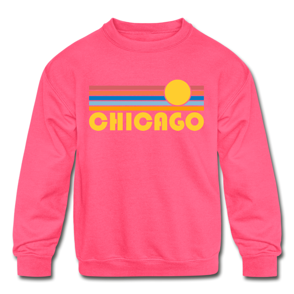Chicago, Illinois Youth Sweatshirt - Retro Sunrise Youth Chicago Crewneck Sweatshirt - neon pink
