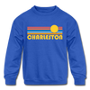 Charleston, South Carolina Youth Sweatshirt - Retro Sunrise Youth Charleston Crewneck Sweatshirt - royal blue