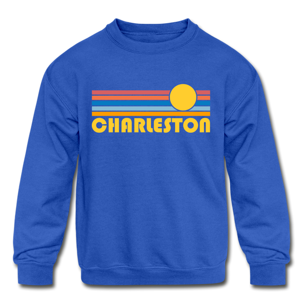 Charleston, South Carolina Youth Sweatshirt - Retro Sunrise Youth Charleston Crewneck Sweatshirt - royal blue
