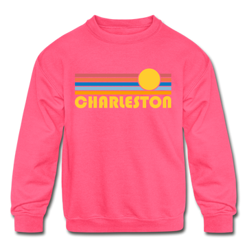 Charleston, South Carolina Youth Sweatshirt - Retro Sunrise Youth Charleston Crewneck Sweatshirt - neon pink
