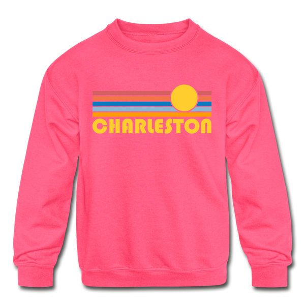 Charleston, South Carolina Youth Sweatshirt - Retro Sunrise Youth Charleston Crewneck Sweatshirt - neon pink