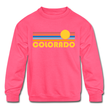 Colorado Youth Sweatshirt - Retro Sunrise Youth Colorado Crewneck Sweatshirt - neon pink