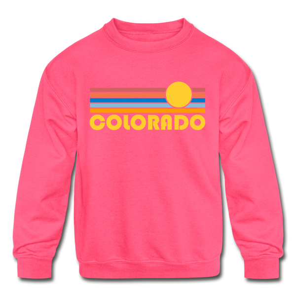 Colorado Youth Sweatshirt - Retro Sunrise Youth Colorado Crewneck Sweatshirt - neon pink