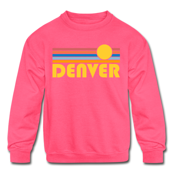 Denver, Colorado Youth Sweatshirt - Retro Sunrise Youth Denver Crewneck Sweatshirt - neon pink