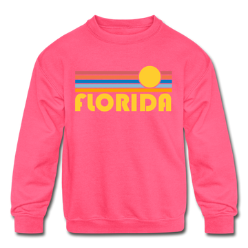 Florida Youth Sweatshirt - Retro Sunrise Youth Florida Crewneck Sweatshirt - neon pink