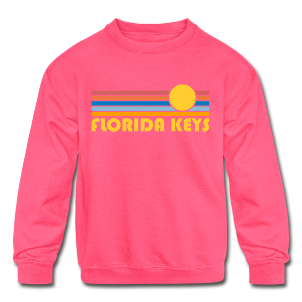 Florida Keys, Florida Youth Sweatshirt - Retro Sunrise Youth Florida Keys Crewneck Sweatshirt - neon pink