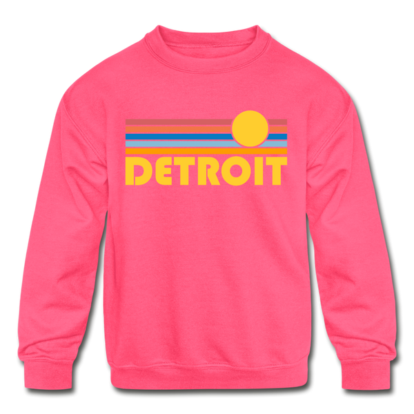 Detroit, Colorado Youth Sweatshirt - Retro Sunrise Youth Detroit Crewneck Sweatshirt - neon pink