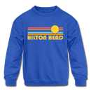 Hilton Head, South Carolina Youth Sweatshirt - Retro Sunrise Youth Hilton Head Crewneck Sweatshirt - royal blue
