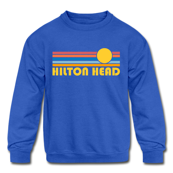 Hilton Head, South Carolina Youth Sweatshirt - Retro Sunrise Youth Hilton Head Crewneck Sweatshirt - royal blue