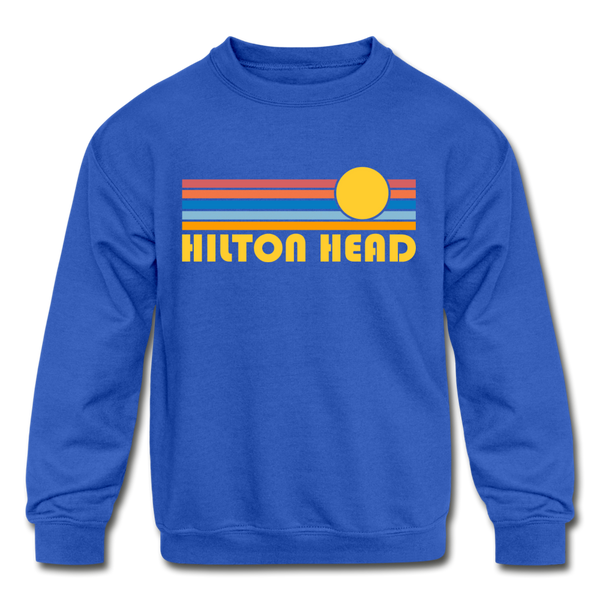 Hilton Head, South Carolina Youth Sweatshirt - Retro Sunrise Youth Hilton Head Crewneck Sweatshirt - royal blue