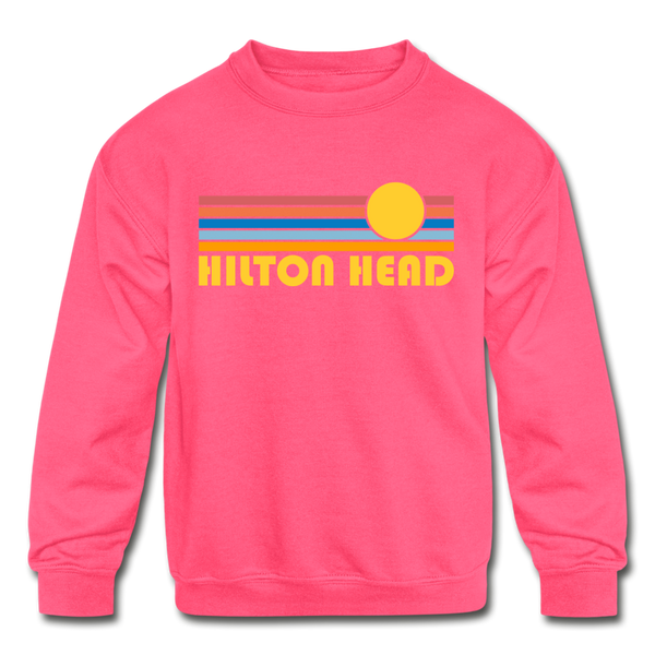 Hilton Head, South Carolina Youth Sweatshirt - Retro Sunrise Youth Hilton Head Crewneck Sweatshirt - neon pink