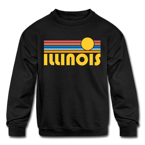 Illinois Youth Sweatshirt - Retro Sunrise Youth Illinois Crewneck Sweatshirt - black