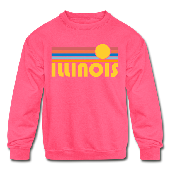 Illinois Youth Sweatshirt - Retro Sunrise Youth Illinois Crewneck Sweatshirt - neon pink