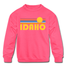Idaho Youth Sweatshirt - Retro Sunrise Youth Idaho Crewneck Sweatshirt - neon pink