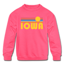 Iowa Youth Sweatshirt - Retro Sunrise Youth Iowa Crewneck Sweatshirt - neon pink