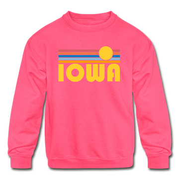 Iowa Youth Sweatshirt - Retro Sunrise Youth Iowa Crewneck Sweatshirt - neon pink
