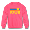 Iowa Youth Sweatshirt - Retro Sunrise Youth Iowa Crewneck Sweatshirt - neon pink