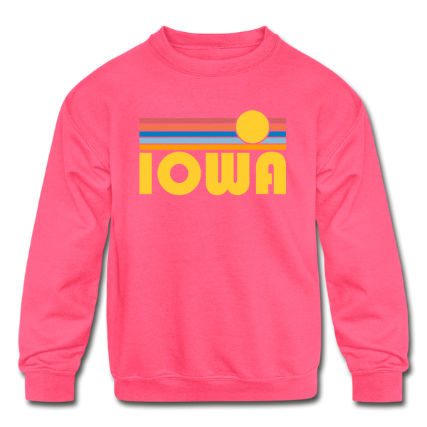 Iowa Youth Sweatshirt - Retro Sunrise Youth Iowa Crewneck Sweatshirt - neon pink