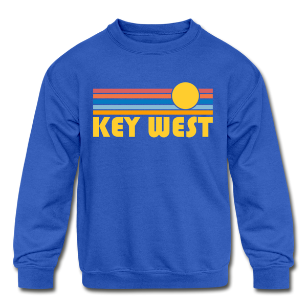 Key West, Florida Youth Sweatshirt - Retro Sunrise Youth Key West Crewneck Sweatshirt - royal blue