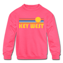 Key West, Florida Youth Sweatshirt - Retro Sunrise Youth Key West Crewneck Sweatshirt - neon pink