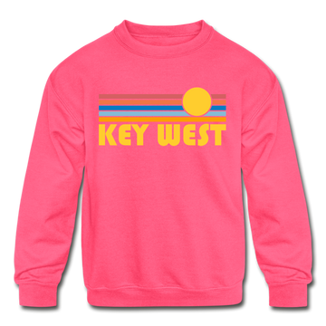 Key West, Florida Youth Sweatshirt - Retro Sunrise Youth Key West Crewneck Sweatshirt - neon pink