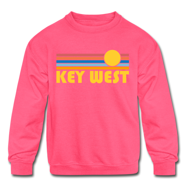 Key West, Florida Youth Sweatshirt - Retro Sunrise Youth Key West Crewneck Sweatshirt - neon pink