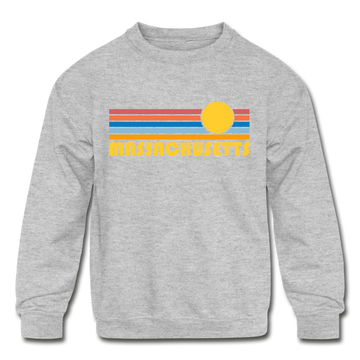 Massachusetts Youth Sweatshirt - Retro Sunrise Youth Massachusetts Crewneck Sweatshirt - heather gray