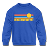 Massachusetts Youth Sweatshirt - Retro Sunrise Youth Massachusetts Crewneck Sweatshirt - royal blue