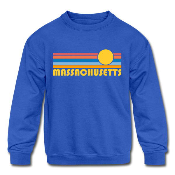 Massachusetts Youth Sweatshirt - Retro Sunrise Youth Massachusetts Crewneck Sweatshirt - royal blue