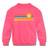 Massachusetts Youth Sweatshirt - Retro Sunrise Youth Massachusetts Crewneck Sweatshirt - neon pink