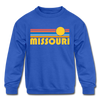 Missouri Youth Sweatshirt - Retro Sunrise Youth Missouri Crewneck Sweatshirt - royal blue