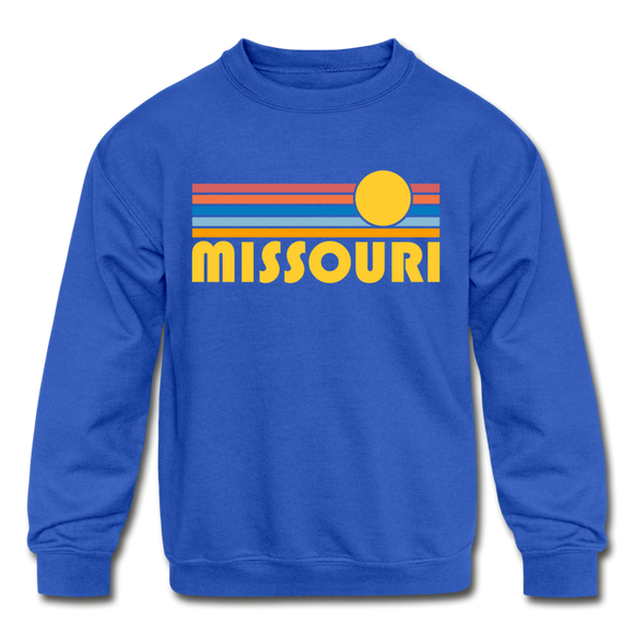 Missouri Youth Sweatshirt - Retro Sunrise Youth Missouri Crewneck Sweatshirt - royal blue