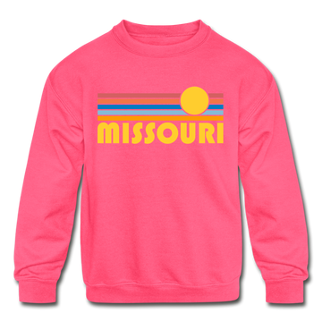 Missouri Youth Sweatshirt - Retro Sunrise Youth Missouri Crewneck Sweatshirt - neon pink