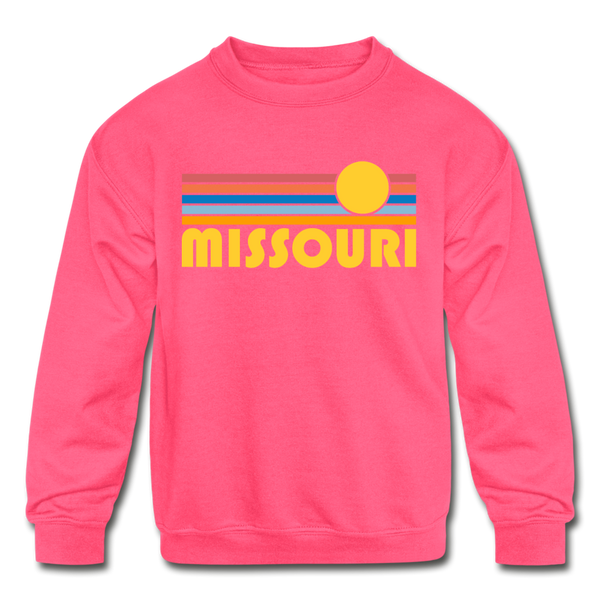 Missouri Youth Sweatshirt - Retro Sunrise Youth Missouri Crewneck Sweatshirt - neon pink