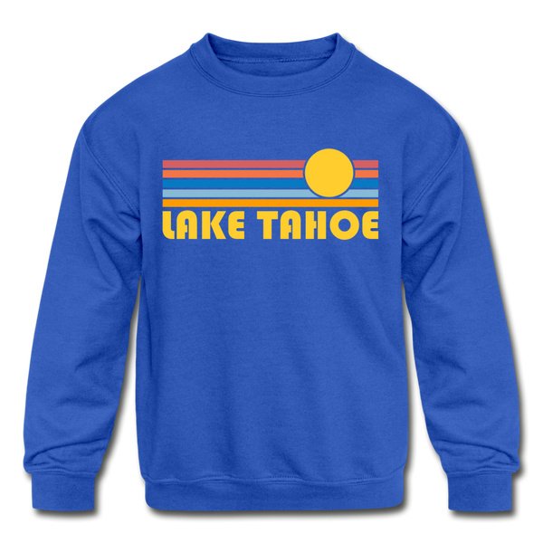 Lake Tahoe, California Youth Sweatshirt - Retro Sunrise Youth Lake Tahoe Crewneck Sweatshirt - royal blue