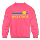 Lake Tahoe, California Youth Sweatshirt - Retro Sunrise Youth Lake Tahoe Crewneck Sweatshirt - neon pink