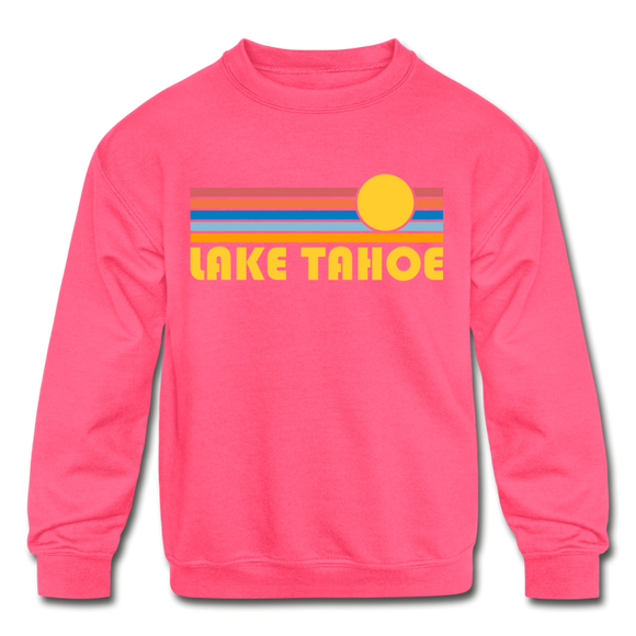 Lake Tahoe, California Youth Sweatshirt - Retro Sunrise Youth Lake Tahoe Crewneck Sweatshirt - neon pink