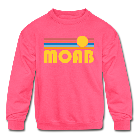 Moab, Utah Youth Sweatshirt - Retro Sunrise Youth Moab Crewneck Sweatshirt - neon pink