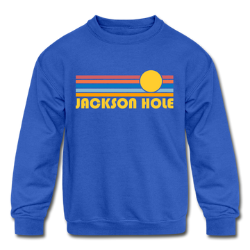 Jackson Hole, Wyoming Youth Sweatshirt - Retro Sunrise Youth Jackson Hole Crewneck Sweatshirt - royal blue