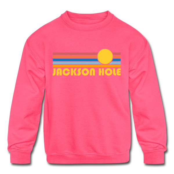 Jackson Hole, Wyoming Youth Sweatshirt - Retro Sunrise Youth Jackson Hole Crewneck Sweatshirt - neon pink