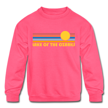 Lake of the Ozarks, Missouri Youth Sweatshirt - Retro Sunrise Youth Lake of the Ozarks Crewneck Sweatshirt - neon pink