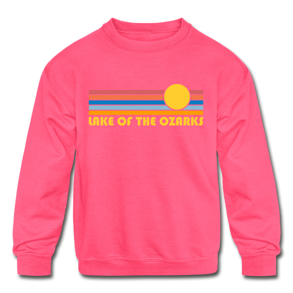 Lake of the Ozarks, Missouri Youth Sweatshirt - Retro Sunrise Youth Lake of the Ozarks Crewneck Sweatshirt - neon pink