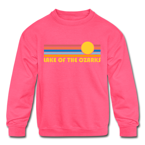 Lake of the Ozarks, Missouri Youth Sweatshirt - Retro Sunrise Youth Lake of the Ozarks Crewneck Sweatshirt - neon pink