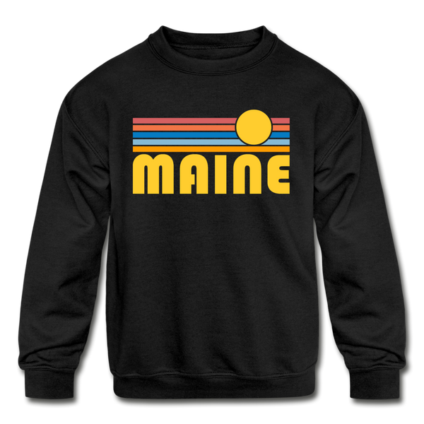 Maine Youth Sweatshirt - Retro Sunrise Youth Maine Crewneck Sweatshirt - black