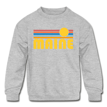Maine Youth Sweatshirt - Retro Sunrise Youth Maine Crewneck Sweatshirt - heather gray